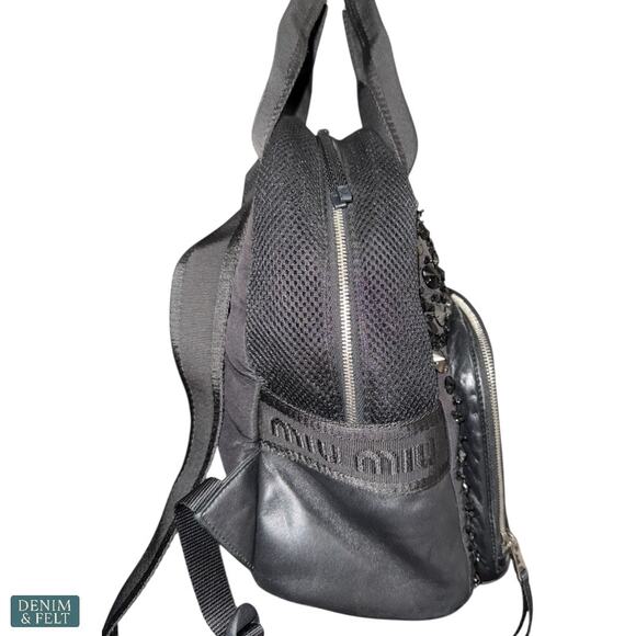 MIU MIU Black Faille Crystal Embellished Beaded Leather Trim Mini Luxe‎ Backpack main image 9